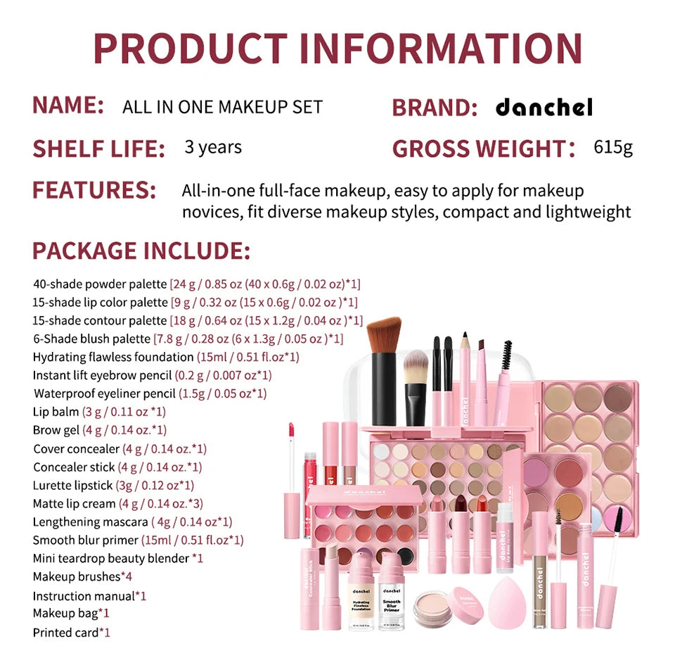 Kit Maquillage Complet Tout-en-Un — Base, Yeux, Lèvres & Contour