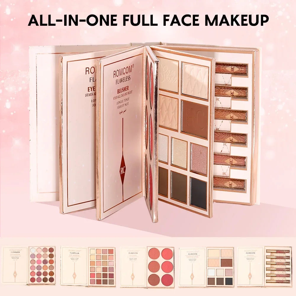 The makeup magic book contains eye shadow, lip gloss, powder blusher highlight, an ideal gift for women in holiday parties